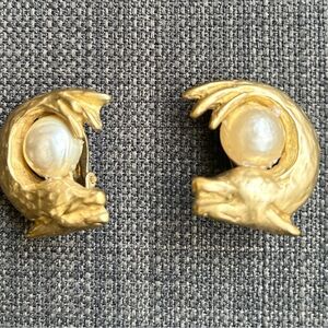 Jaded Jewels NYC Clip Earrings Dragon and Pearl Earrings Gold Tone Signed 1980s